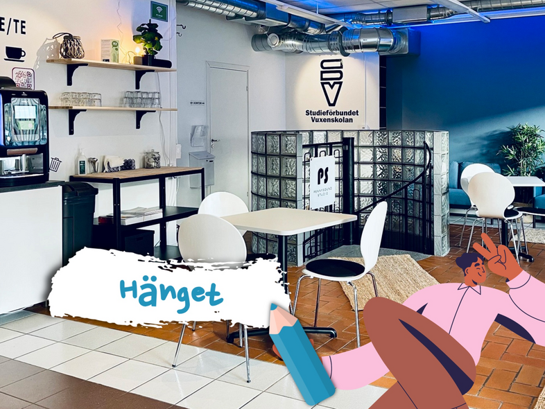 Ljust café med vita stolar, kaffemaskin, växter och tecknad figur. Texten 'Hänget' syns i förgrunden.