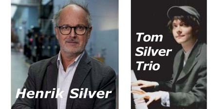 Två personer, en i kostym och en som spelar piano, med texten Henrik Silver och Tom Silver Trio.