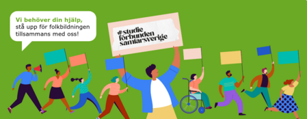 Illustration av en grupp människor med skyltar och plakat, en person i rullstol, på grön bakgrund.