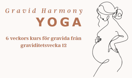 Illustration av en gravid kvinna och text om en 6-veckors yogakurs för gravida från graviditetsvecka 12.