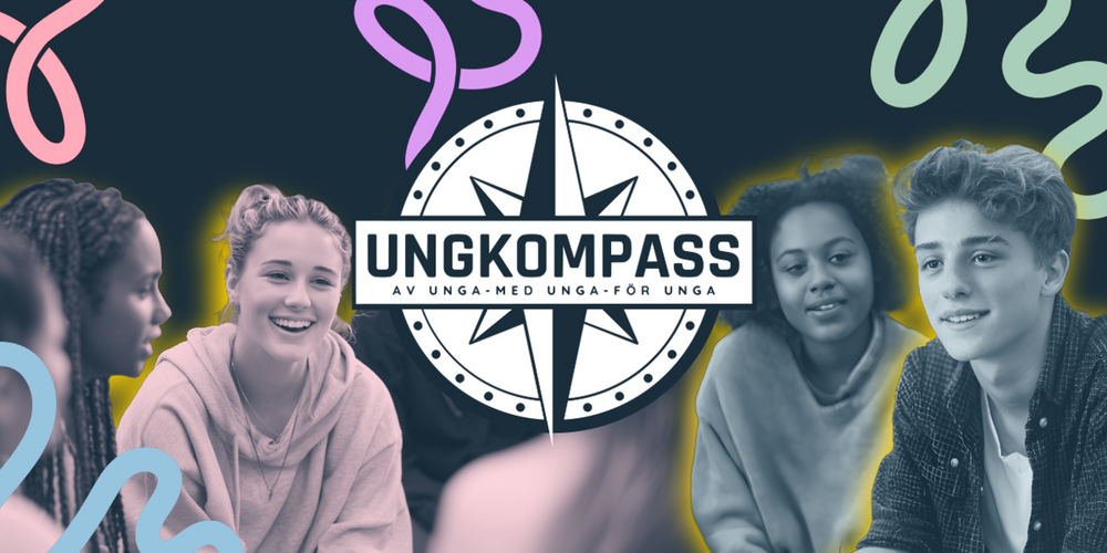 Fyra ungdomar sitter tillsammans och pratar, med logotypen 'UNGKOMPASS' i mitten.