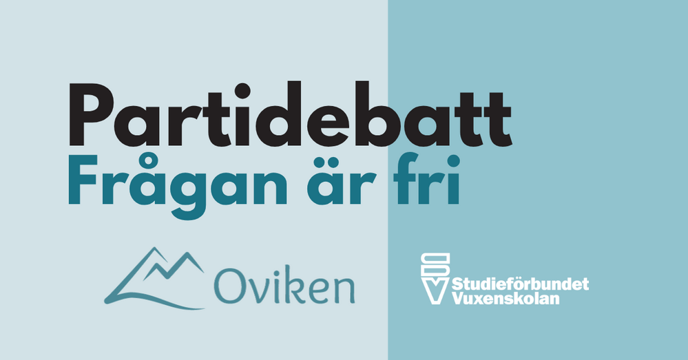 Affisch med texten 'Partidebatt Frågan är fri', logotyper för Oviken och Studieförbundet Vuxenskolan, blå bakgrund.