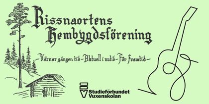 Affisch med texten 'Kissnaortens hembygdsförening', en stuga, träd och en stiliserad gitarr på ljusgrön bakgrund.