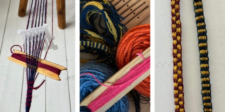 Tre bilder visar bandvävning med garn, vävskedar och färdiga band i olika färger.