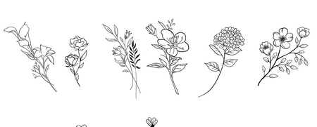 Svartvita linjeteckningar av tio olika blommor i enkel stil på vit bakgrund.