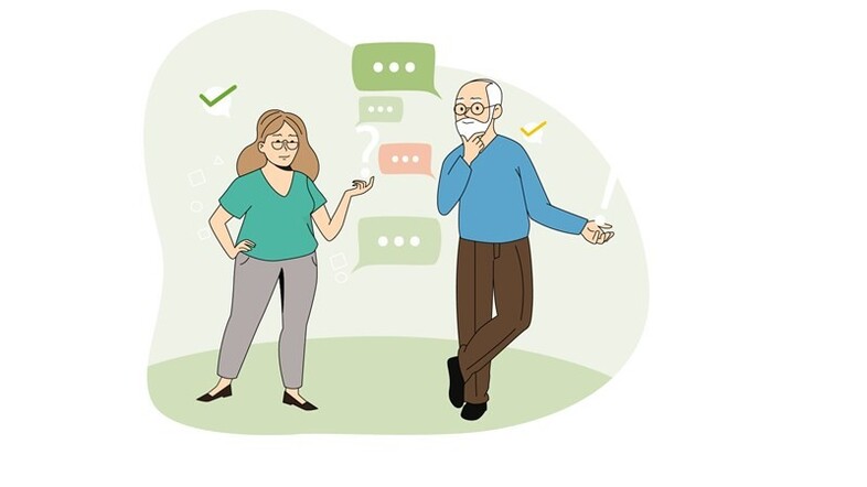 Illustration på två personer som står och samtalar.