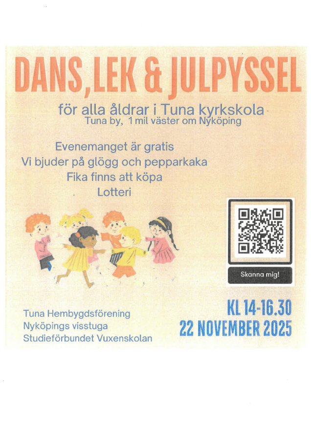 Affisch för dans, lek och julpyssel i Tuna kyrkskola den 22 november 2025 kl 14-16.30.
