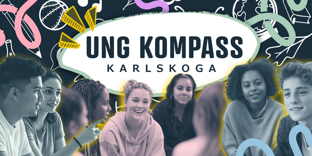 Ungdomar sitter i grupp framför en skylt med texten 'Ung Kompass Karlskoga' och flera logotyper längst ner.
