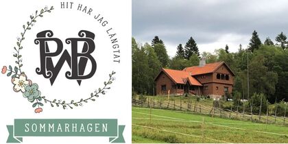 Logotyp med texten 'Hit har jag längtat' och 'Sommarhagen' samt en bild på ett rött trähus i grönskande landskap.