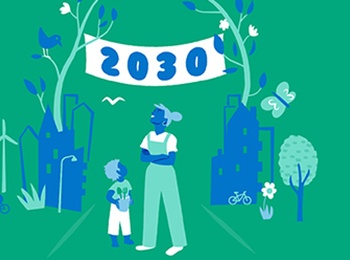 Illustration av en vuxen och ett barn framför en stad med gröna inslag och en banderoll med texten 2030.
