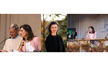 Tre bilder visar en kvinna i olika sammanhang: vid ett talarpodium, utomhus och i en paneldebatt.