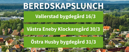 Affisch med information om beredskapsluncher i olika bygdegårdar, över en vy av ett villaområde.