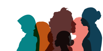 Flera färgglada silhuetter av människor i profil mot vit bakgrund.