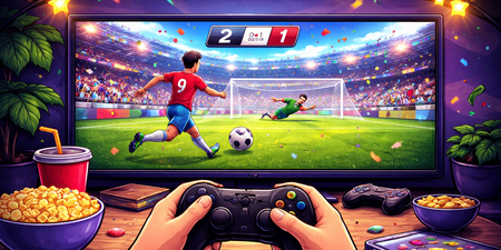 Person spelar fotbollsspel på TV med handkontroll, snacks och dryck på bordet i färgglad miljö.