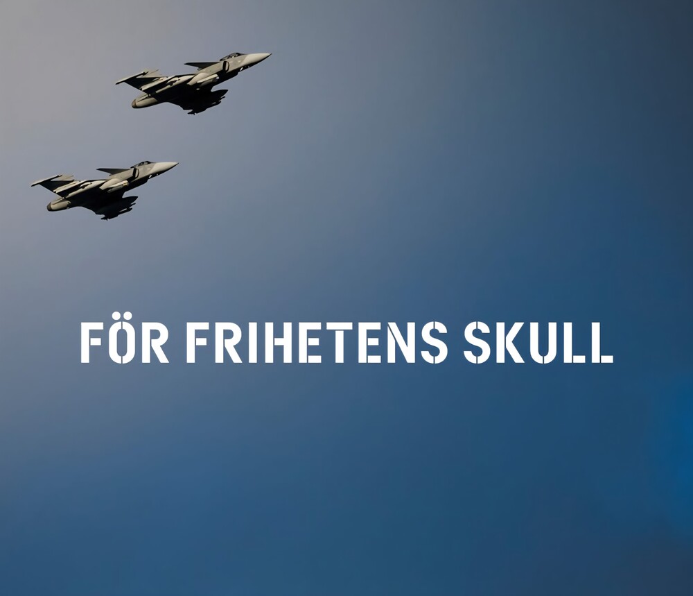 Två stridsflygplan flyger på himlen med texten 'FÖR FRIHETENS SKULL' under dem.