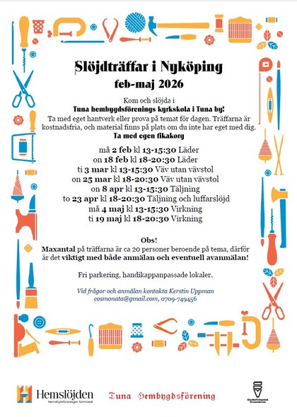 Affisch för slöjdträffar i Nyköping våren 2026 med datum, tider och teman, dekorerad med färgglada slöjdverktyg.