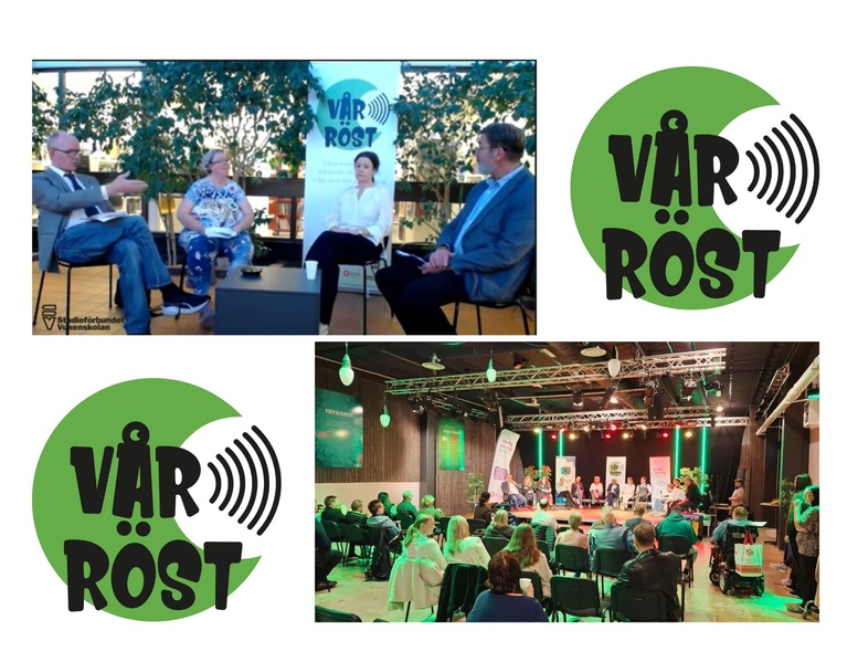 Paneldiskussion och publik på evenemang med logotypen 'Vår Röst' i grönt och svart.