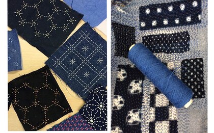 Två bilder visar indigofärgade tygbitar med broderade mönster och en blå trådrulle.