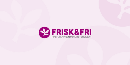 Bild med logotyp för Frisk &amp; Fri, Riksföreningen mot ätstörningar, med lila text och blad-symbol på ljus bakgrund.