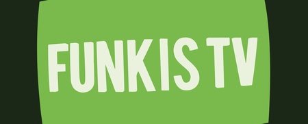 Grön TV-skärm med vit texten 'FUNKIS TV' mot mörk bakgrund.