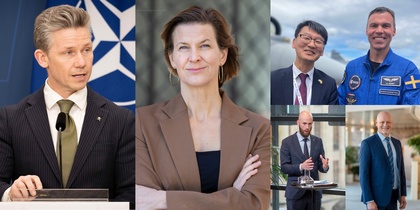 Fem personer i formella kläder, både män och kvinnor, poserar och talar i olika miljöer.