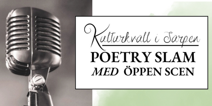 Svartvit bild på en retro mikrofon och en affisch med text om en poesikväll i Särpen.