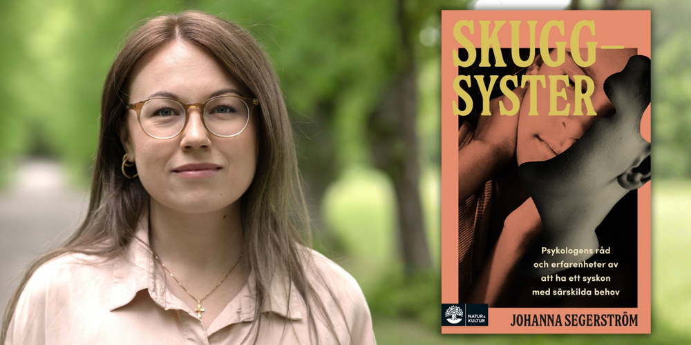 Kvinna med suddat ansikte står utomhus bredvid bokomslag till 'Skuggsyster' av Johanna Segerström.