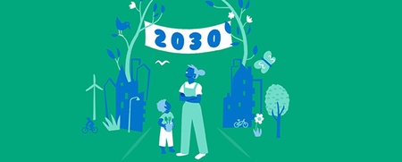 Illustration av en vuxen och ett barn framför en stad med gröna inslag och en banderoll med texten 2030.