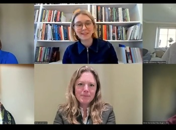 Skärmdump från videomöte med sex personer i olika miljöer, logotypen Studieforbundet Vuxenskolan syns.