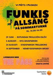Affisch för Funkis Allsångs sommarturné med datum, platser och information om livemusik och gratis inträde.
