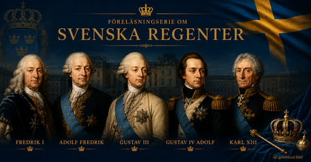 Porträtt av fem svenska kungar i historiska kläder framför ett slott och svensk flagga.