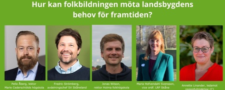 Affisch för webbinarium om folkbildningens roll på landsbygden med fem porträtt och information om evenemanget.