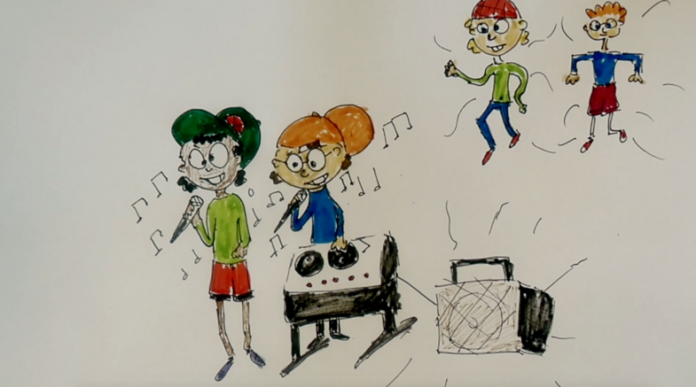 Tecknad bild av fyra barn, två sjunger och mixar musik, två dansar. Musiknoter och högtalare syns.