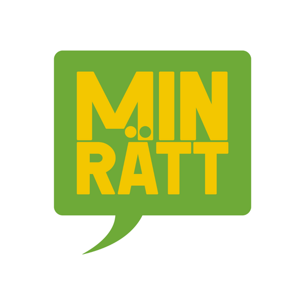 Grön pratbubbla med gul texten 'MIN RÄTT' i versaler.