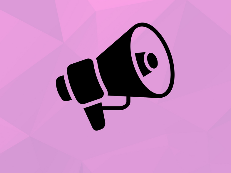 Svart megafonikon på en rosa geometrisk bakgrund.