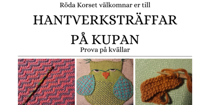 Affisch för hantverksträffar på Kupan med bilder på stickade och virkade alster, inklusive en uggla.
