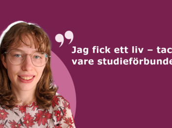Kvinna med glasögon och blommig tröja mot lila bakgrund, med citatet: Jag fick ett liv – tack vare studieförbundet.