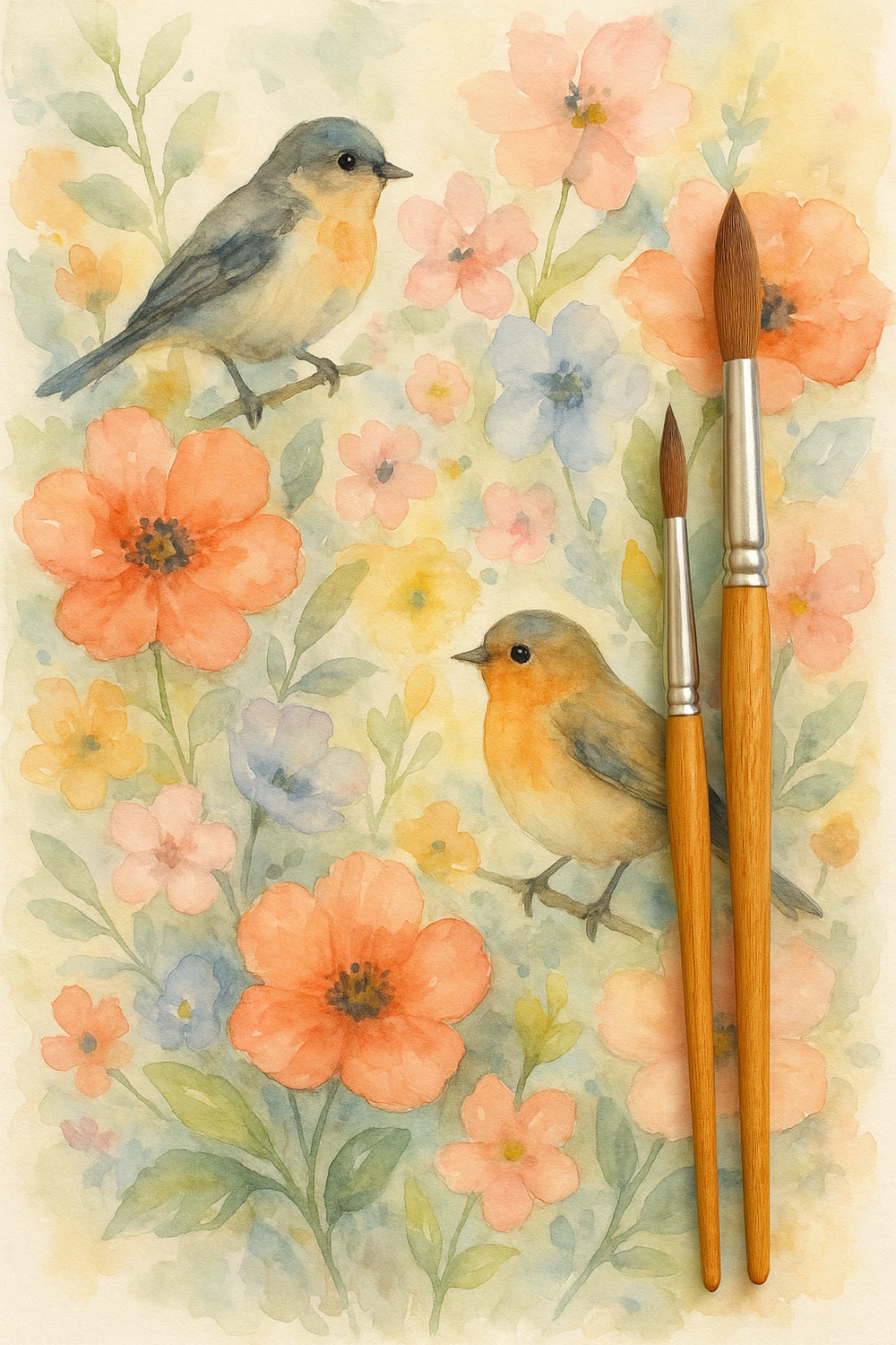 Akvarellmålning av två små fåglar bland färgglada blommor, med två penslar ovanpå bilden.