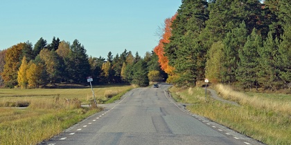 Landsväg som leder genom ett öppet landskap med skog och höstfärgade träd under klarblå himmel.