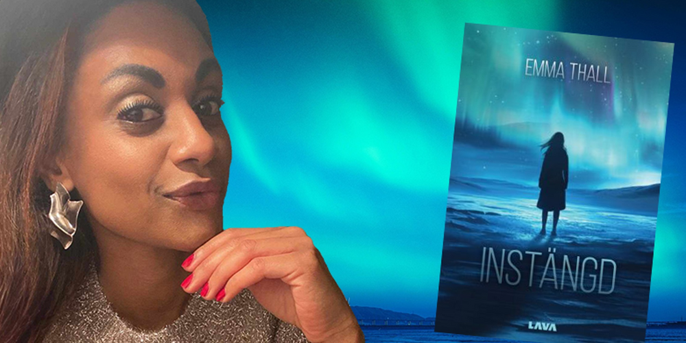 tjej med mörkt hår framför en bakgrund av blått norrsken och framsidan av hennes debutbok