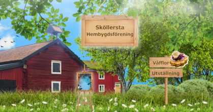 Röd träbyggnad på landet, skyltar med text om hembygdsförening, våfflor och utställning, grönskande miljö.