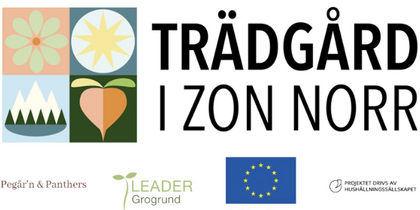 Logotyp och samarbetspartners för projektet 'Trädgård i zon norr' med symboler för natur och EU-finansiering.