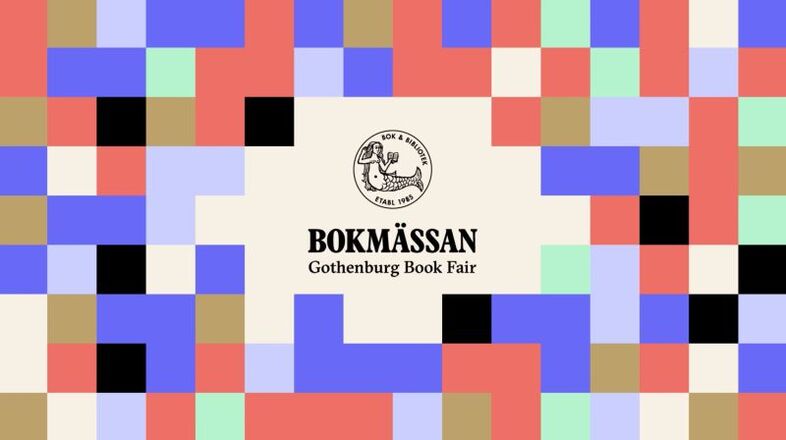 Färgglad grafisk affisch för Bokmässan i Göteborg med text och logotyp i centrum.
