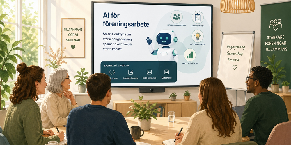 Fem personer har möte i ett ljust rum och tittar på en presentation om AI för föreningsarbete.