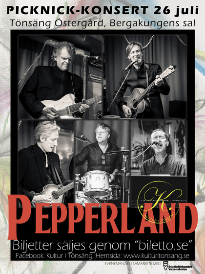 Affisch för picknick-konsert med bandet Pepperland den 26 juli i Tönsång Östergård, med svartvita bandbilder.