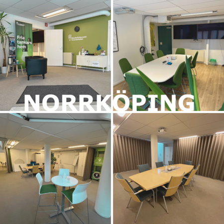 Fyra bilder på moderna mötesrum och arbetsytor i Norrköping, med gröna och vita möbler.