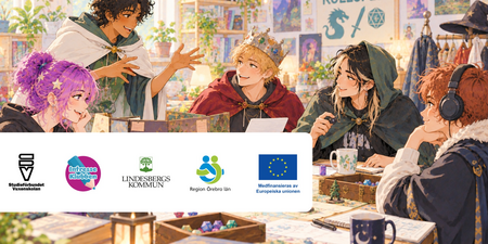 Fem unga personer spelar rollspel runt ett bord i en färgglad, växtfylld miljö. Illustration i anime-stil.