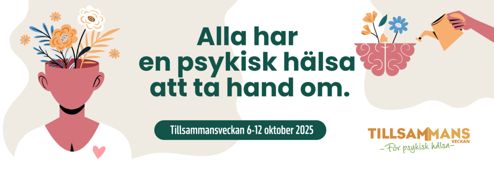 Illustration med blommor som växer ur ett huvud och en hjärna, text om psykisk hälsa och Tillsammansveckan 2025.