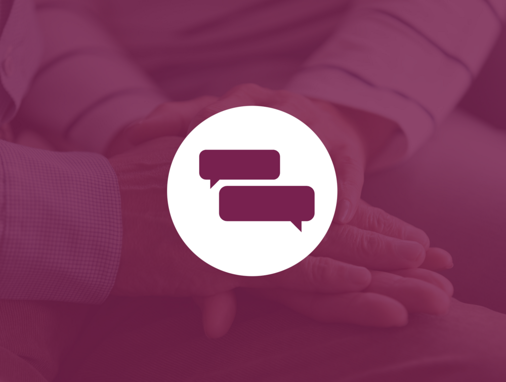 Två händer vilar på varandra i bakgrunden, med pratbubblor i en cirkel ovanpå bilden.