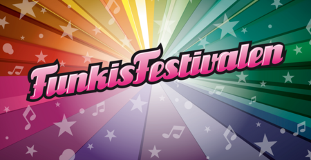 Texten 'FunkisFestivalen' i rosa och svart mot en färgglad bakgrund med stjärnor och musiknoter.